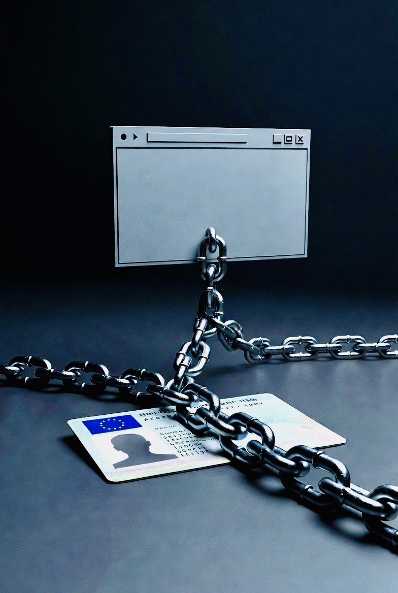 An identity card chained to a browser icon. Dark, clinical.