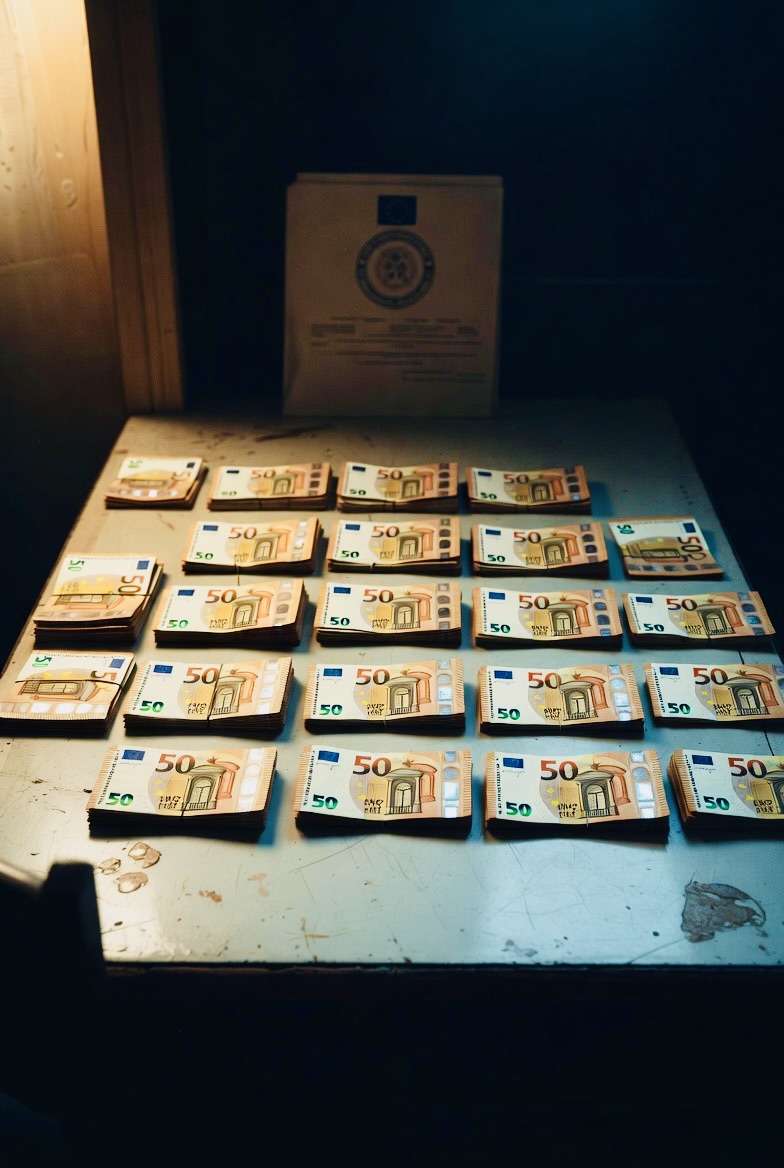 Cash on a kitchen table, EU seal in background