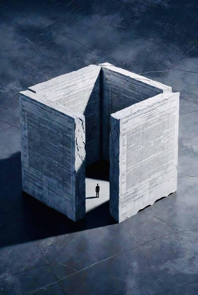 Four regulation bricks enclosing a small human figure. The cage is almost complete.