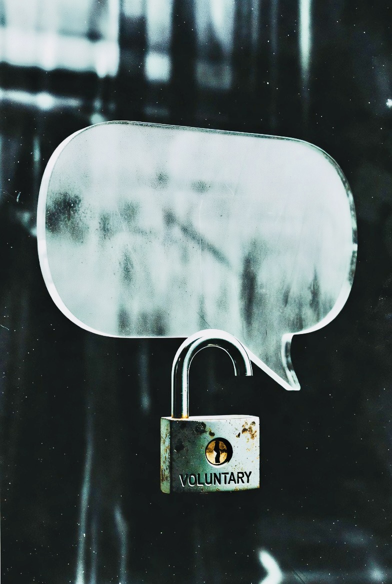 A chat bubble sealed with a padlock labelled 'voluntary' — the lock is visibly open