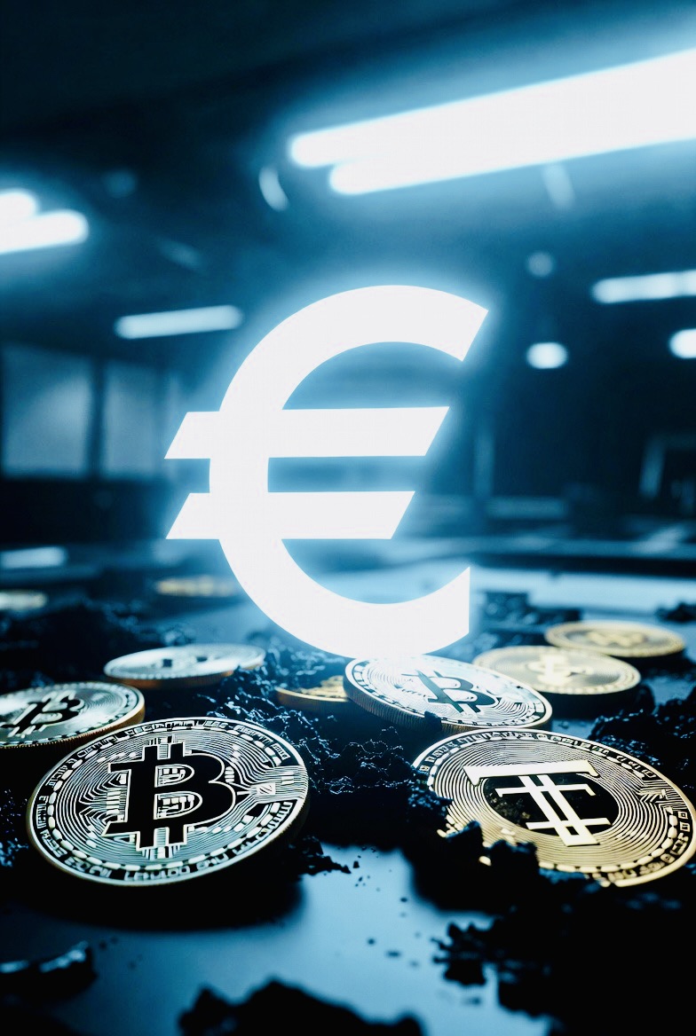 Physical crypto coins being displaced by a glowing digital euro symbol