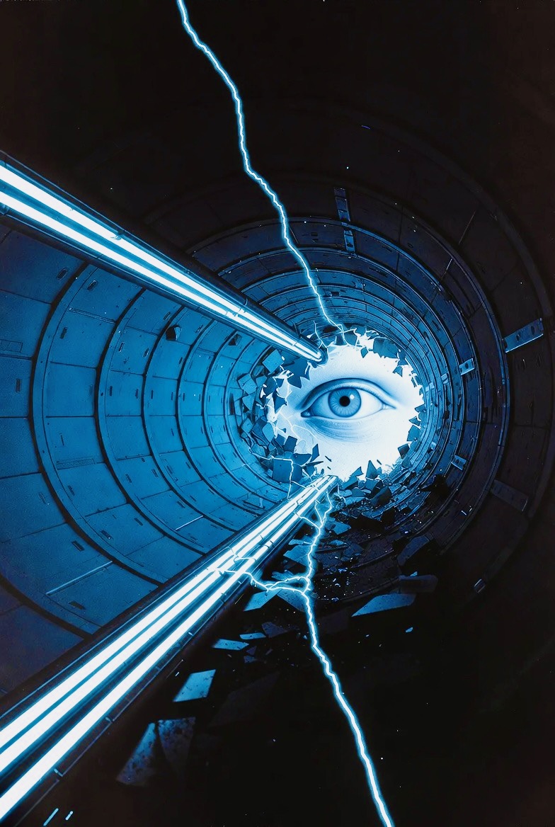 A VPN tunnel cracked open, a surveillance eye visible through the breach