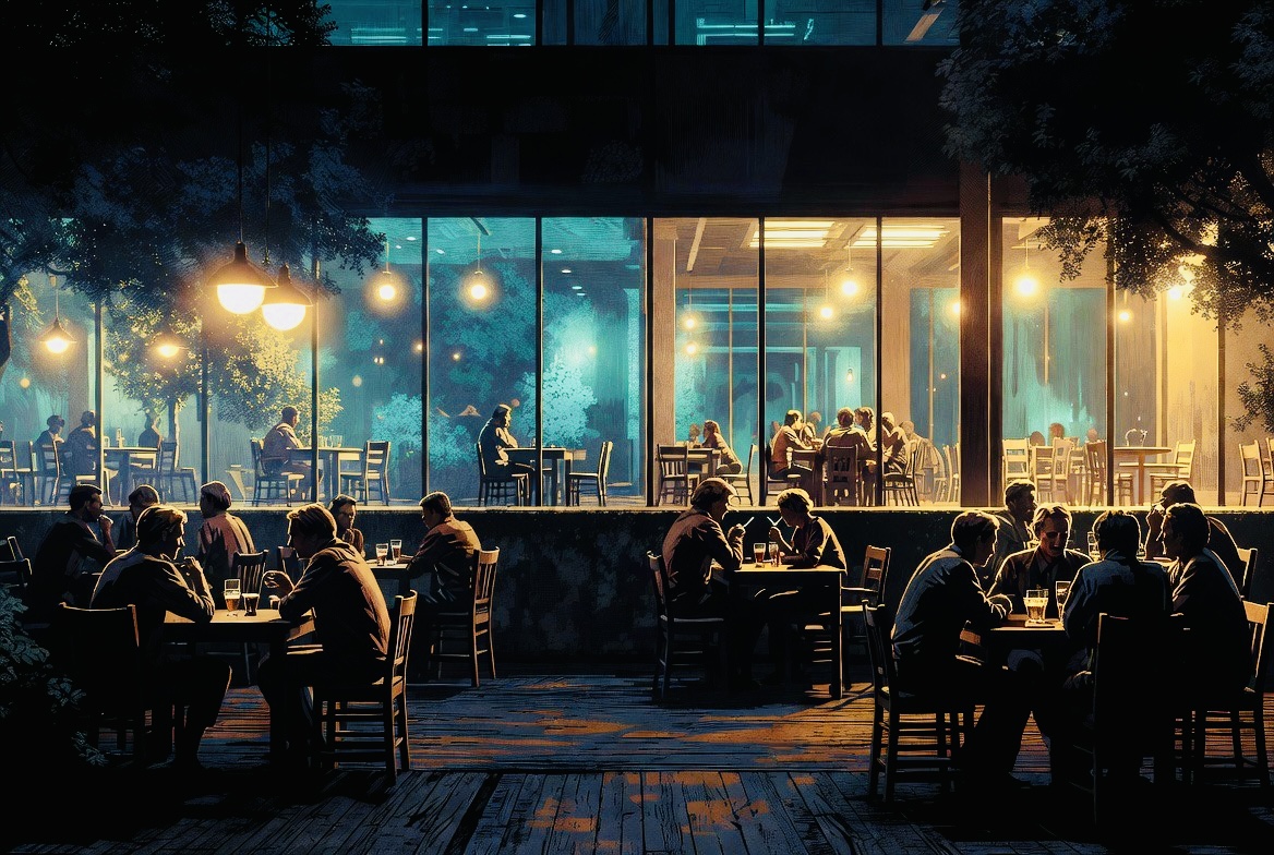 AI illustration: outdoor terrace, smokers in conversation, inside visible and empty through glass