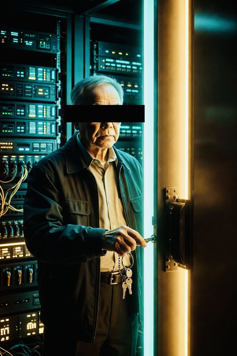AI-generated figure with identity redacted, holding keys in a server room