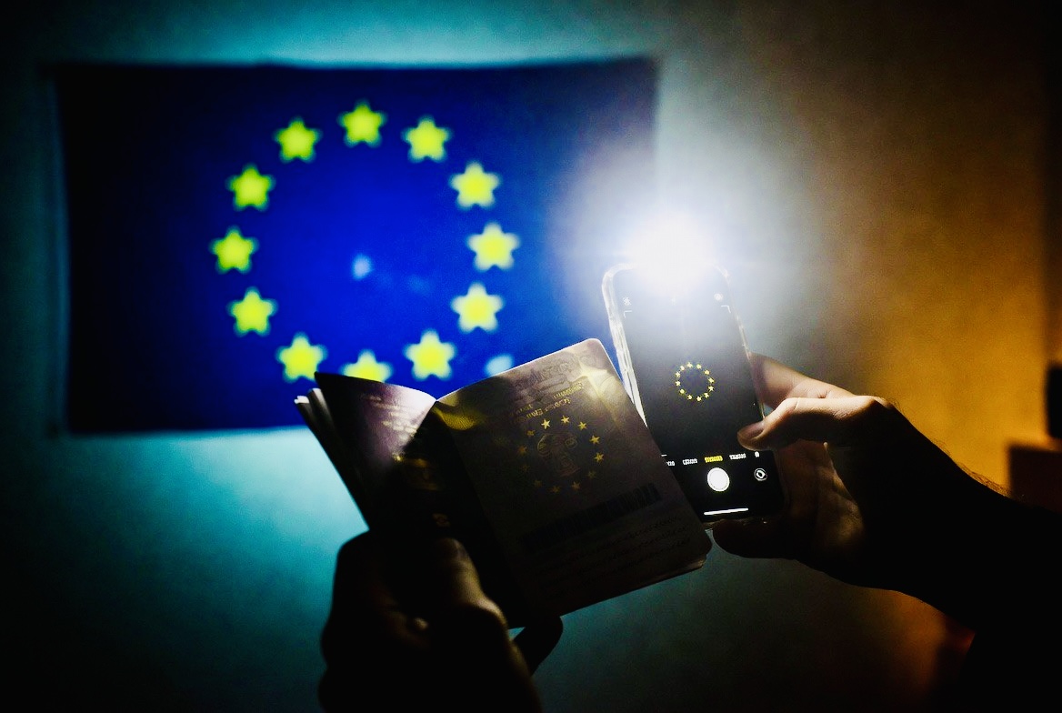 Passport scan and EU flag