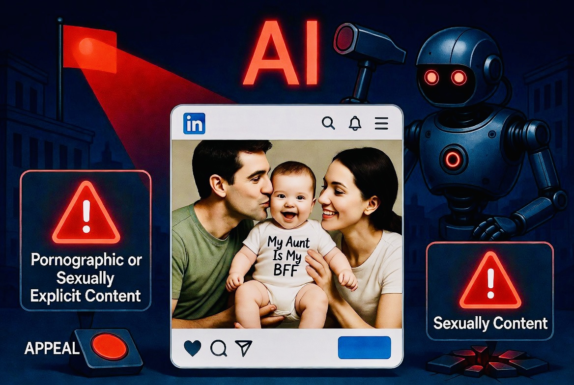 AI moderation flagging a family photo as explicit content on a LinkedIn interface